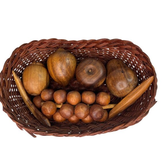 Handcrafted Wooden Faux Fruit & Veggie Décor In Woven Basket Apple Grapes Pear - Picture 2 of 11